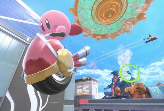Kirby rides a tire bike in Kirby Air Riders.